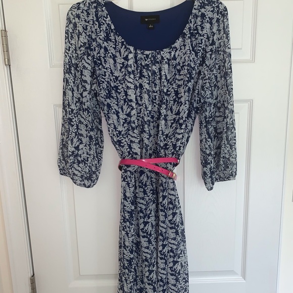 AB Studio Navy with White pattern 3/4 Sleeve Dress - Picture 1 of 8